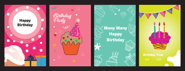 Birthday Card and Poster Set with Cupcake, Gifts, and Party Elements — Modern Vector Templates for Invitation, Banner, and Greeting Design