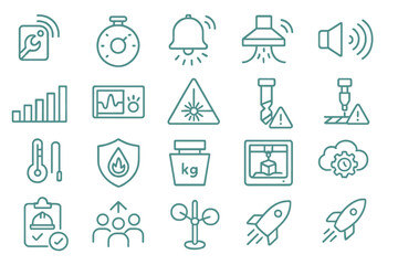 Fototapeta premium Smart factory interface icons with alerts and performance indicators on teal background
