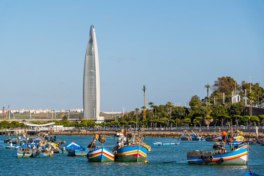 Rabat, Morocco &ndash; A scenic view of the Bou Regreg River with colorful fishing boats gently floating on the water