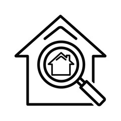 Outline of a house with a magnifying glass inside, representing property inspection and detailed examination