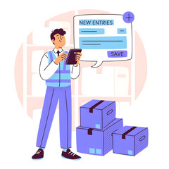 Logistics worker manages inventory entries using a digital tablet app