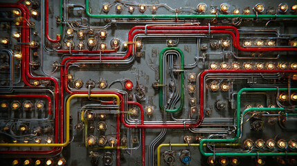 A close-up shot of an intricate electrical panel featuring colorful wires and glowing light bulbs, showcasing the complexity of technology.