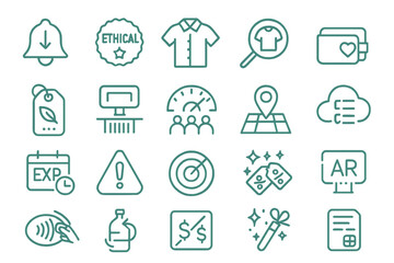 Modern neon-style ecommerce and sustainability icon set on teal gradient background