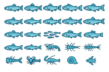 Naklejka premium Seamless pattern of fish, shrimp, and aquatic species on blue