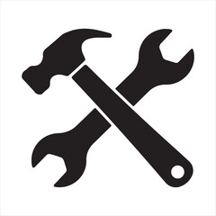Black silhouette of a hammer and wrenches crossed together on a white background