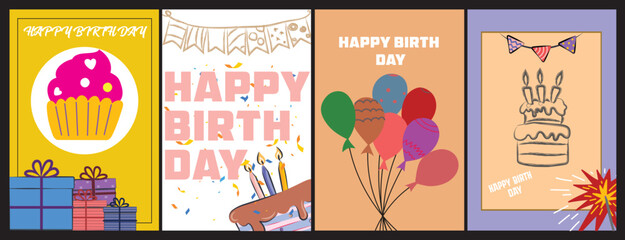 Modern Birthday Card and Poster Set — Colorful Vector Illustrations with Cupcake, Balloons, Cake, and Gift Boxes in Geometric Style