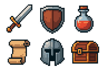 Pixel art icons depicting a sword, shield, potion, scroll, helmet, and treasure chest, commonly found in fantasy games.