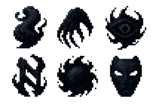 Six stylized black pixel-art icons depicting abstract shapes and fantasy creature elements, including a beastly face and a swirling eye.