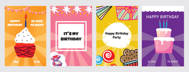 Playful Birthday Card and Poster Set with Cupcake, Gift, and Party Elements. Colorful Vector Illustrations for Invitations, Greeting Cards, and Celebration Designs