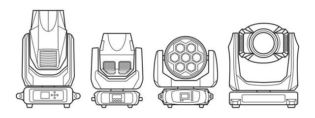 Detailed line-art illustration of four professional moving head stage lights. Clean technical outlines showcase different lighting fixtures used in concerts, events, and studio production.