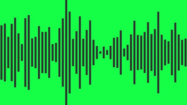 abstract audio waveform visualization with pulsing black bars on vibrant green background. dynamic sound wave animation with rhythmic vertical bars, ideal for digital media, podcasts, music themes