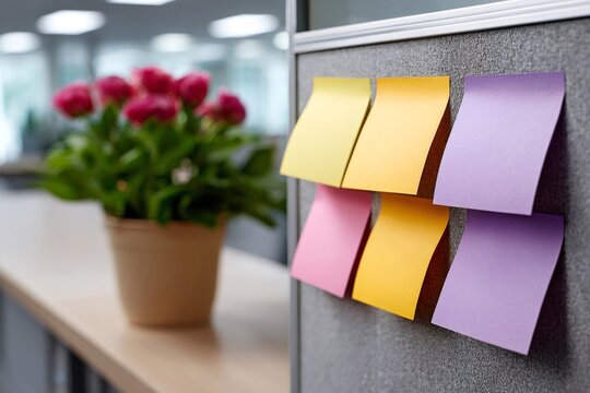 Colorful sticky notes organizing tasks on office cubicle wall