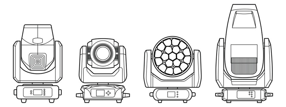 Detailed line-art illustration of four professional moving head stage lights. Clean technical outlines showcase different lighting fixtures used in concerts, events, and studio production.