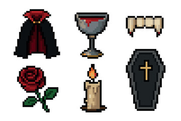 Fototapeta premium Pixel art icons featuring a vampire cape, chalice with red liquid, fangs, rose, candle, and coffin with a cross, representing classic horror elements.