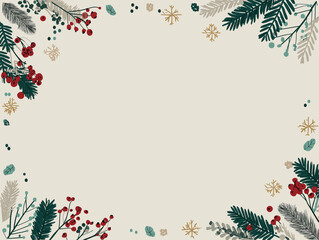 Elegant minimalist Christmas frame with geometric snowflakes, pine accents, gold details, and spacious center for branding.