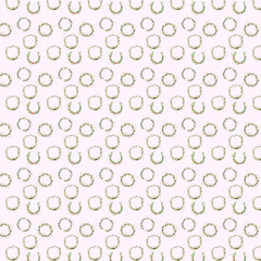 Elegant seamless Christmas pattern with hand-drawn watercolor wreaths and holly leaves arranged in a soft repeating grid on a pale pink background.