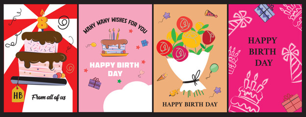 Birthday Greeting Card and Poster Set — Colorful Vector Designs with Cake, Balloons, Gifts, and Flowers