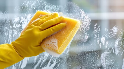 A close-up of a gloved hand cleaning a window with a sponge, creating soapy bubbles and suds.