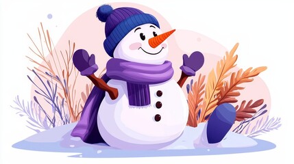 Cheerful snowman wearing a blue hat and purple scarf, surrounded by colorful winter foliage, embodies the joy and spirit of the holiday season in a whimsical illustration