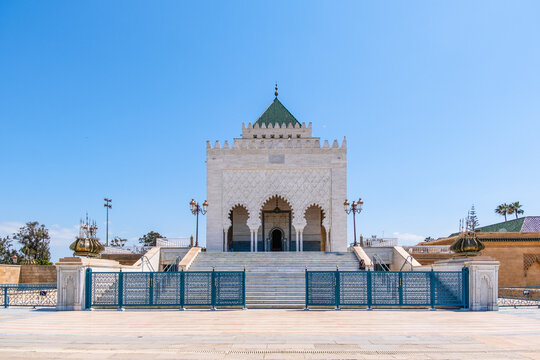 Rabat, Morocco &ndash; The Mausoleum of Mohammed V, an architectural masterpiece of Moroccan craftsmanship, stands elegantly under a clear blue sky