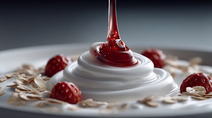 A close-up of fresh yogurt with berries and a drizzle of delicious, red fruit syrup, forming a delightful dessert.