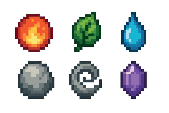 Six pixel art elemental icons representing fire, leaf, water, stone, swirl, and purple crystal in a vibrant, retro design.