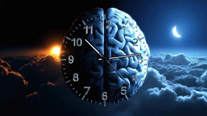 Analog Clock Brain Animation Depicting Sleep and Circadian Rhythm with Surreal Skies