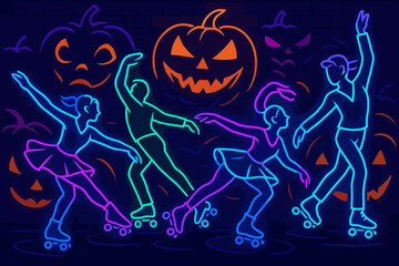 Neon roller skaters performing in a Halloween-themed dance with glowing jack-o'-lanterns