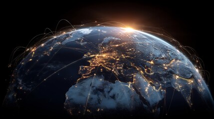 A digitally enhanced depiction of Earth showcasing a global network of connections, highlighting technological advancement.