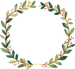 Delicate circular Christmas wreath made of green leaves, red berries, and golden accents, perfect for elegant holiday frames or festive invitations.