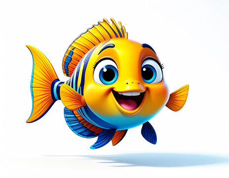 Cheerful cartoon fish with big eyes and open mouth swimming in clear water