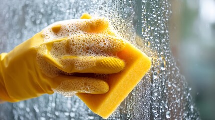 A hand in a yellow glove, holding a yellow sponge, cleaning a wet, glass with bubbly soap.
