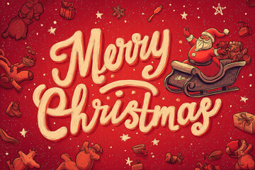 Retro Christmas card featuring Santa flying among toys, stars, and snowflakes in grainy red oil paint.