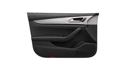 Modern car interior door panel showcasing sleek design, metallic trim, ergonomic handle, and integrated controls, perfectly isolated on transparent background