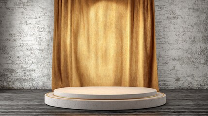A Minimalist Stage with a Backdrop of Golden Curtains, Perfect for Product Display.