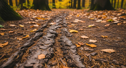 Forest path covered in autumn leaves through the trees