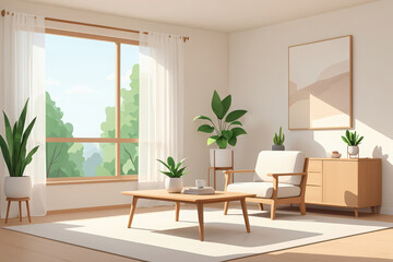 Fototapeta premium Modern living room interior with sunlight, green plants, and wooden furniture