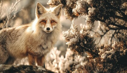 Alert canine stands among snow dusted evergreen branches during bright winter daylight