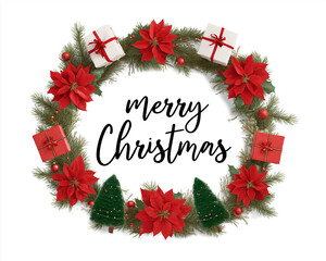 Christmas wreath with poinsettias, pine trees, and gifts surrounding &ldquo;Merry Christmas&rdquo; text, hyper-detailed vector clipart., christmas wreath with red ribbon