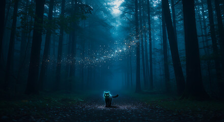 Glowing Cat in Misty Forest with Fairy Lights