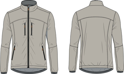 Men softshell jacket technical flat sketch, outdoor zip up windbreaker design, front and back view, fashion apparel illustration template © Hello World