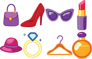 Vibrant and stylized set of luxury fashion and beauty accessories icons, isolated on a transparent background