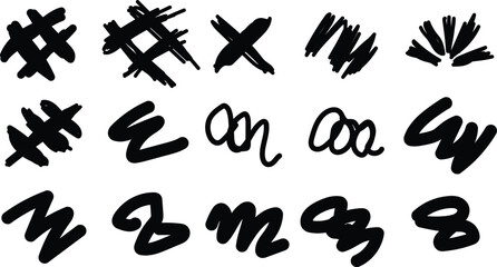 Collection of hand drawn black scribble marks and abstract shapes on white background