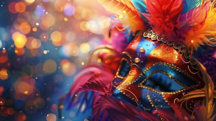 Exquisite feathered masquerade mask adorned with shimmering sequins and pearls, evoking mystery and vibrant celebration with a bokeh background