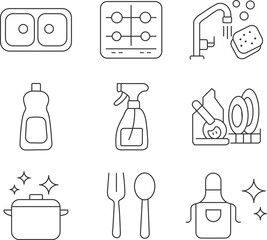 Clean and functional set of minimalist line icons representing kitchen and cleaning activities, isolated on a transparent background