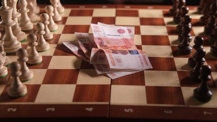 Chess board with Russian rubles and pawns, symbolizing strategic financial investment and business game with money on the line. - Powered by Adobe