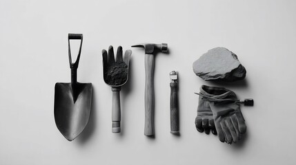 Array of Soil Science, Geology, or Gardening Hand Tools Presented in a Flat Lay Arrangement on a Minimalist White