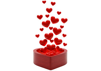 Red hearts overflow from wooden heart box