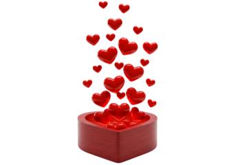 Red hearts overflow from wooden heart box