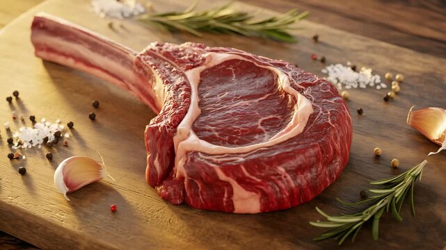 Cinematic Video Close-Up of Raw Tomahawk Ribeye Steak with Seasoning on Rustic Wooden Cutting Board